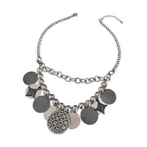 New Silver Tone Statement Necklace Crystals Hematite Charms Spring Street - 11M